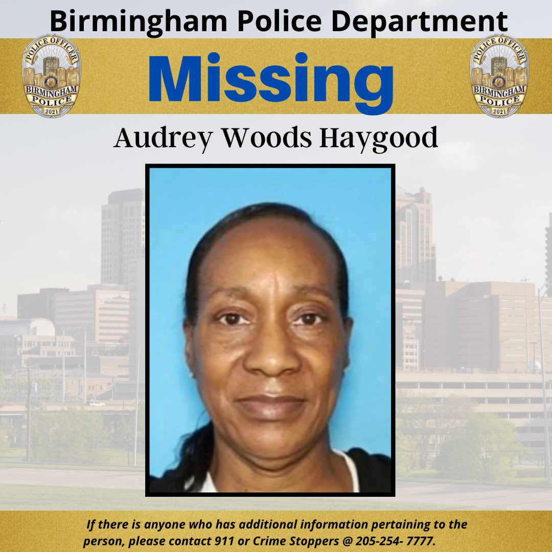 🚨MISSING🚨 MISSING PERSON DESCRIPTION: Audrey Woods Haygood 66 Years Old HGT: 5’7”, WGT: 120lbs LAST SEEN: Friday, April 14, 2024 CLOTHING DESCRIPTION:                                                             Unknown Clothing description DETAILS: