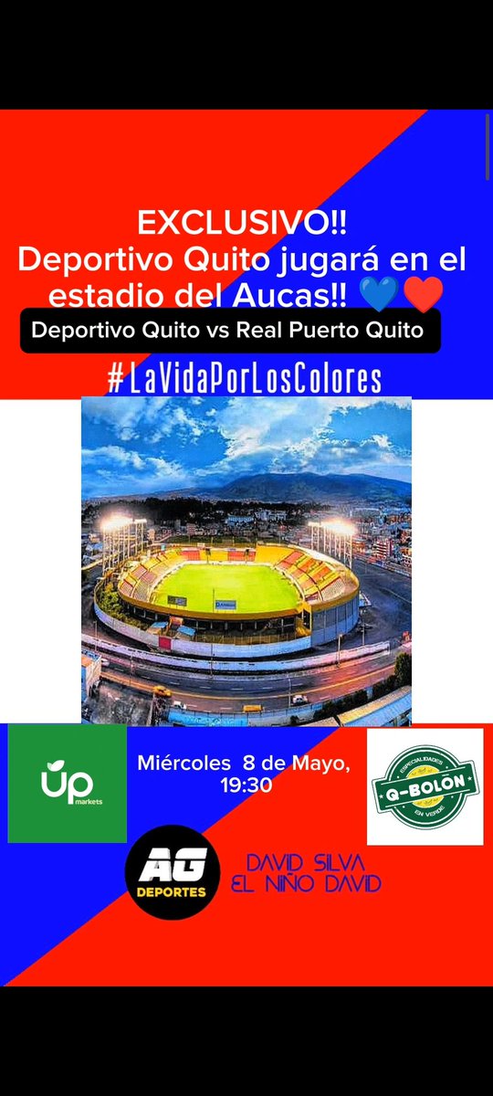 EXCLUSIVO!! #DeportivoQuito jugará ante #RealPuertoQuito, en el estadio 'Gonzalo Pozo Ripalda' de #Aucas. 
El juego será el miércoles 8 de Mayo, desde las 19:30. 🎉 #LaVidaPorLosColores 🔵🔴

#SDQuito #SDAucas #Quito #Ecuador @ydalequitodale @qfproducciones @SDQuito_Oficial