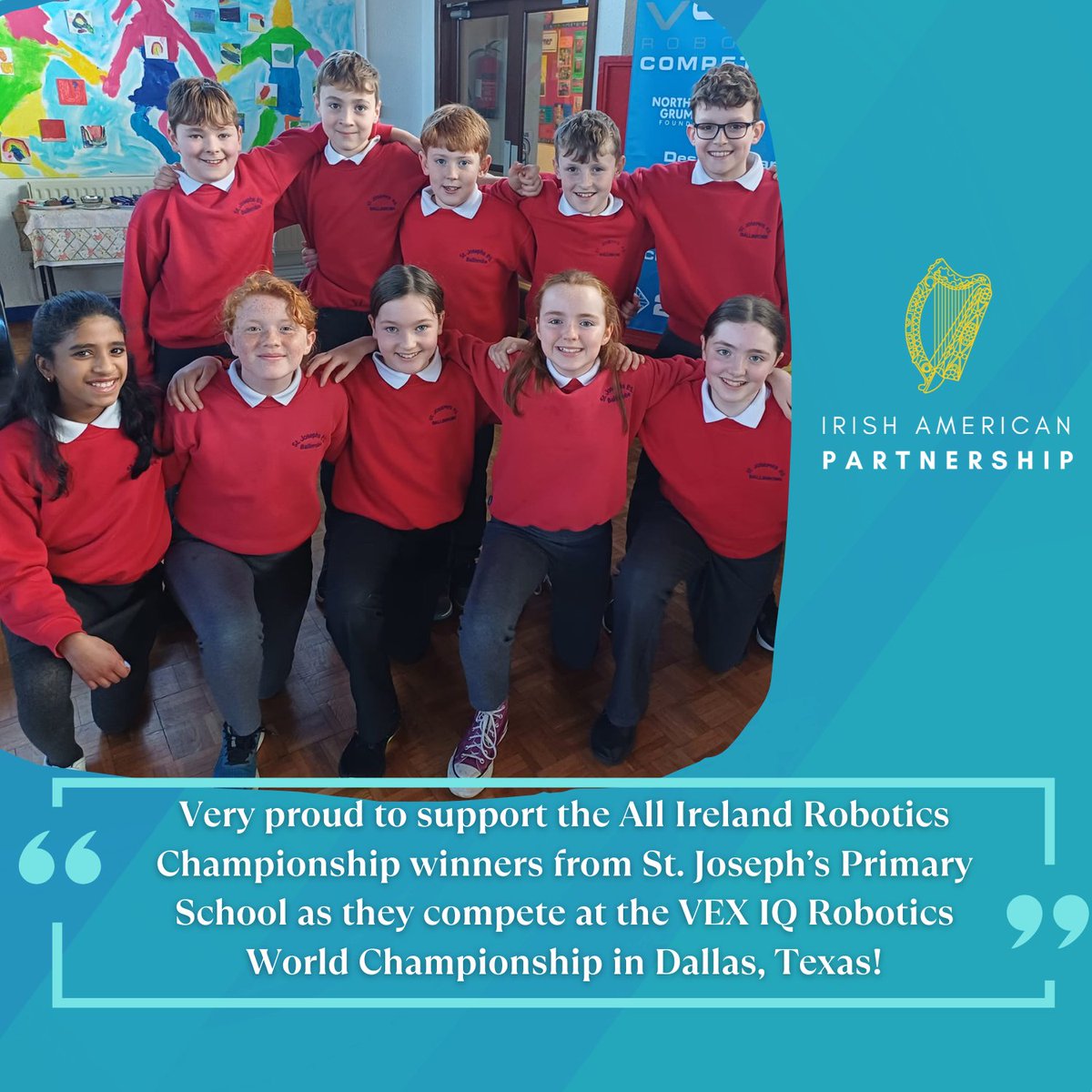 Having won the All-Ireland Championship at @MTU_ie, the Robotics team from St. Joseph’s Primary School are at the @vexrobotics IQ World Championships in Dallas! 👏 @Irishaporg are proud to support these young STEM enthusiasts & wish them the very best! 🇺🇸🇮🇪 #VEXWorlds #Education