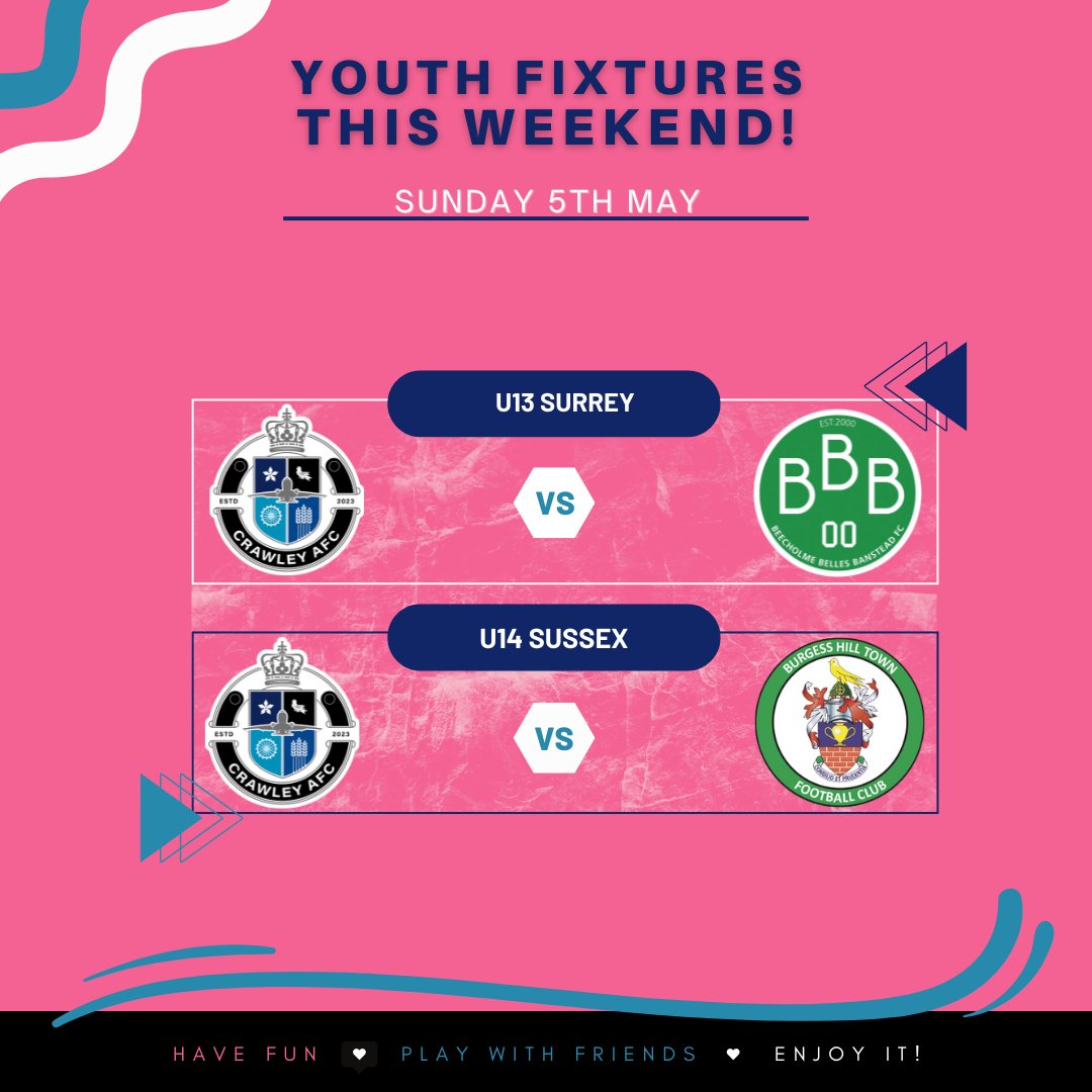 𝗬𝗢𝗨𝗧𝗛 𝗙𝗜𝗫𝗧𝗨𝗥𝗘𝗦:
SUNDAY 5TH MAY

⚽U13 Surrey are at home to Beecholme Belles
⚽U14 Sussex are at home to Burgess Hill

C’mon girls, let's show them how we can play! 🤩⚽️💙

#crawley #crawleyafc #cafc #football #footballfixtures#fixtures #footballmatch #youthfootball