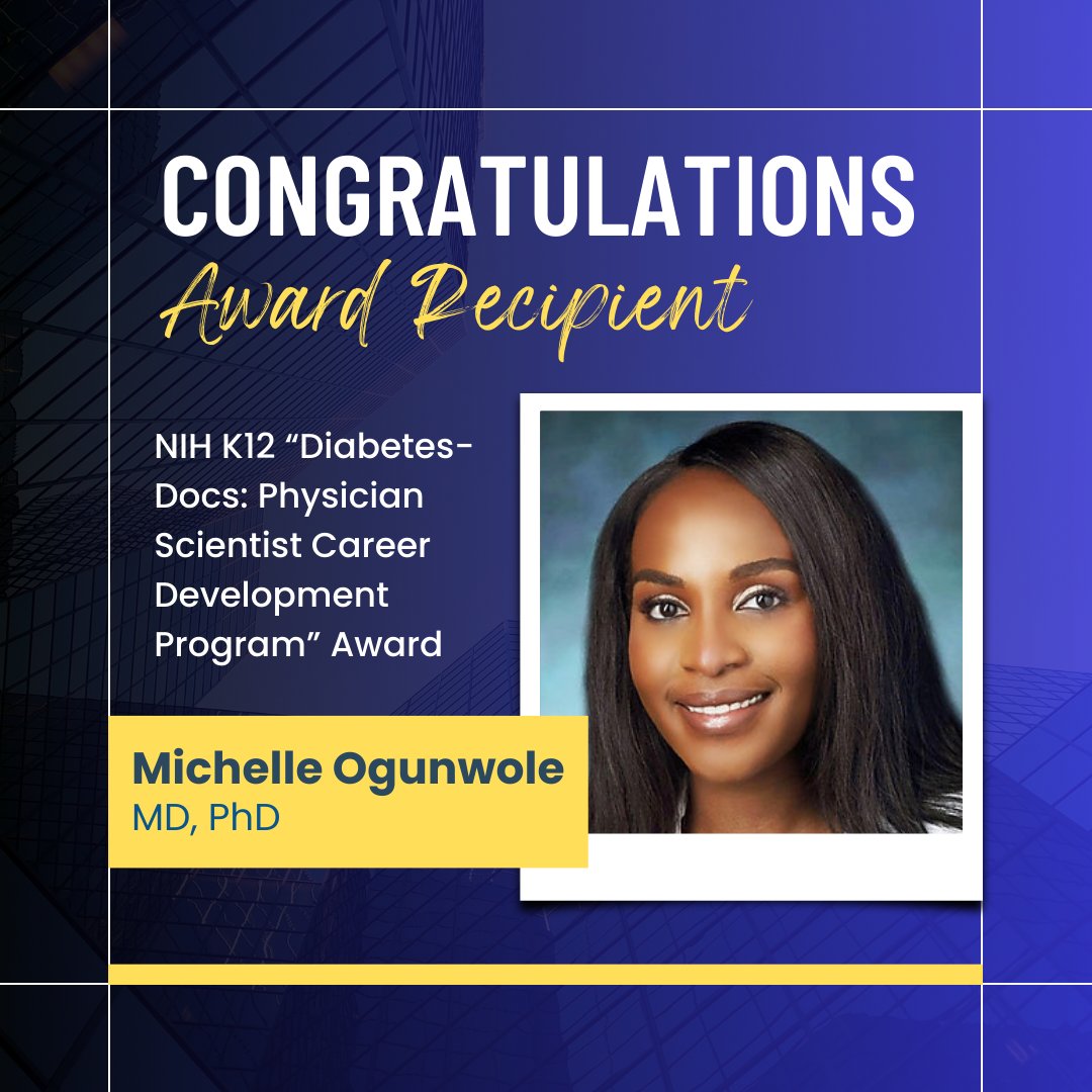 Congratulations to Michelle Ogunwole, MD, PhD, for winning the @NIH K12 “Diabetes-Docs: Physician Scientist Career Development Program” Award! 🏆 We're proud to have such a talented and dedicated faculty member within #HopkinsGIM. 🌟