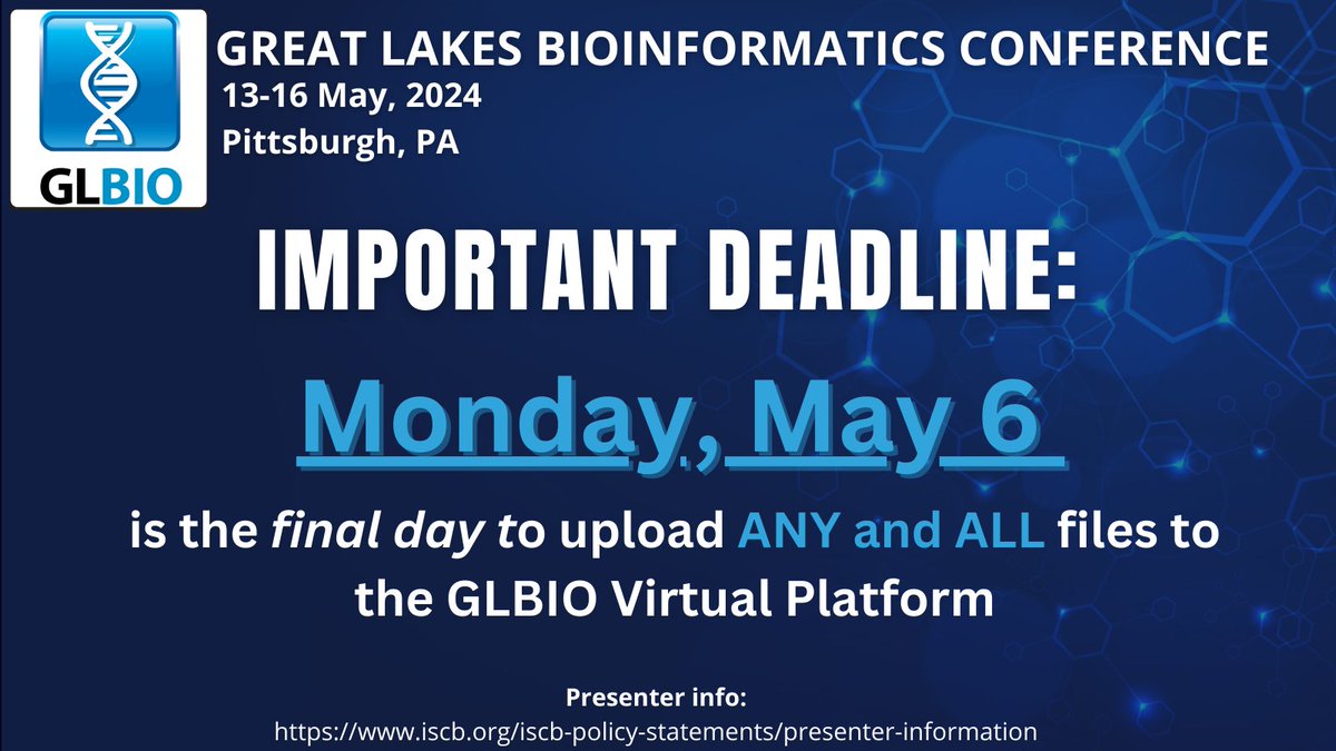 🚨Reminder for #GLBIO2024🚨 Monday, May 6 is the final day to upload any and all files to the virtual conference platform. Check your inbox! Presenters have received emails w/ relevant info for presentation uploads!