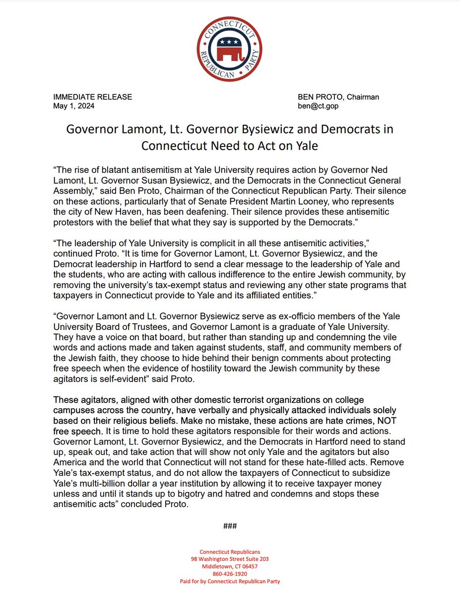 CTGOP Chairman Ben Proto calls on Governor Lamont, Lt. Governor Bysiewicz, and the Democratic leadership in Hartford to remove Yale University's tax-exempt status and review any other taxpayer-funded state programs that provide to Yale and its affiliated entities.