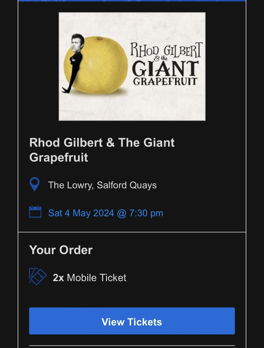 2 x tickets for Rhod Gilbert at Salford Quays this Saturday, can’t go now so looking for face value ONO. 

DM’s open.