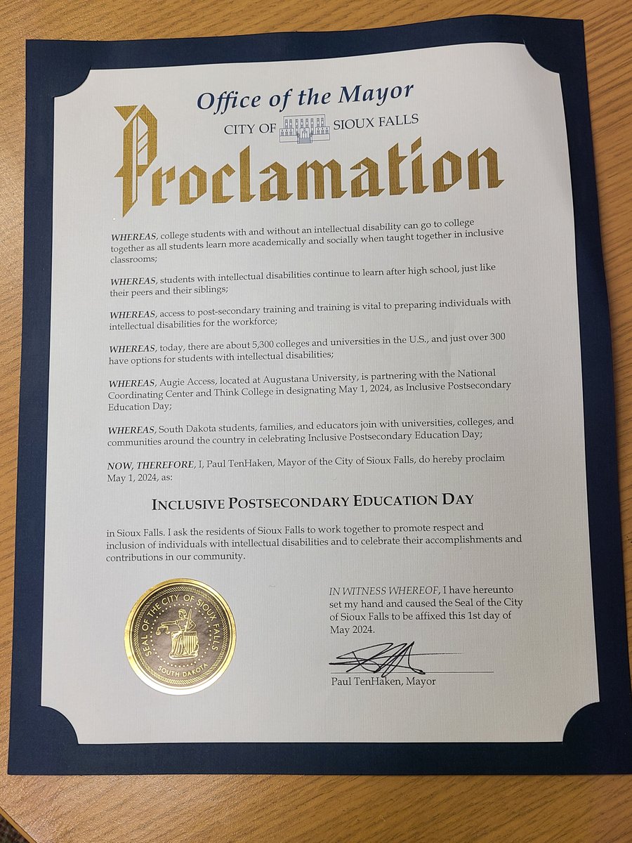 Happy Inclusive Postsecondary Education Day — made official in Sioux Falls by Mayor @paultenhaken! 🌟

AU is home to Augie Access, the only postsecondary comprehensive transition program in South Dakota. Some of our amazing students are pictured below. 💙💛

#IPSEDay2024