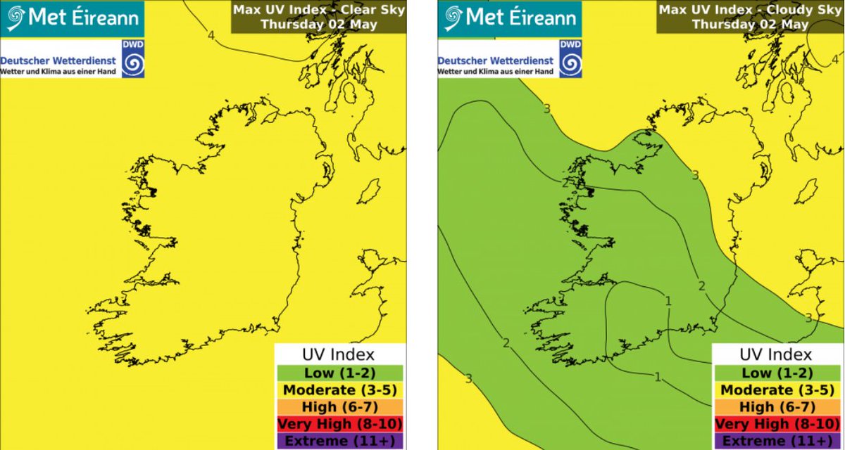 The #UV index will be moderate in any sunshine tomorrow Thursday🌞

For #SunSmart tips, look here 👀⬇️

ℹ️met.ie/uv-index