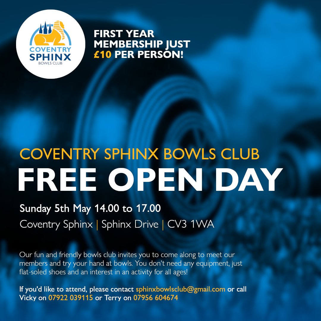 Coventry Sphinx Bowls Club will be holding another open day this coming Sunday. Looking for a fun new pastime? Contact Vicky or Terry to register your interest.
