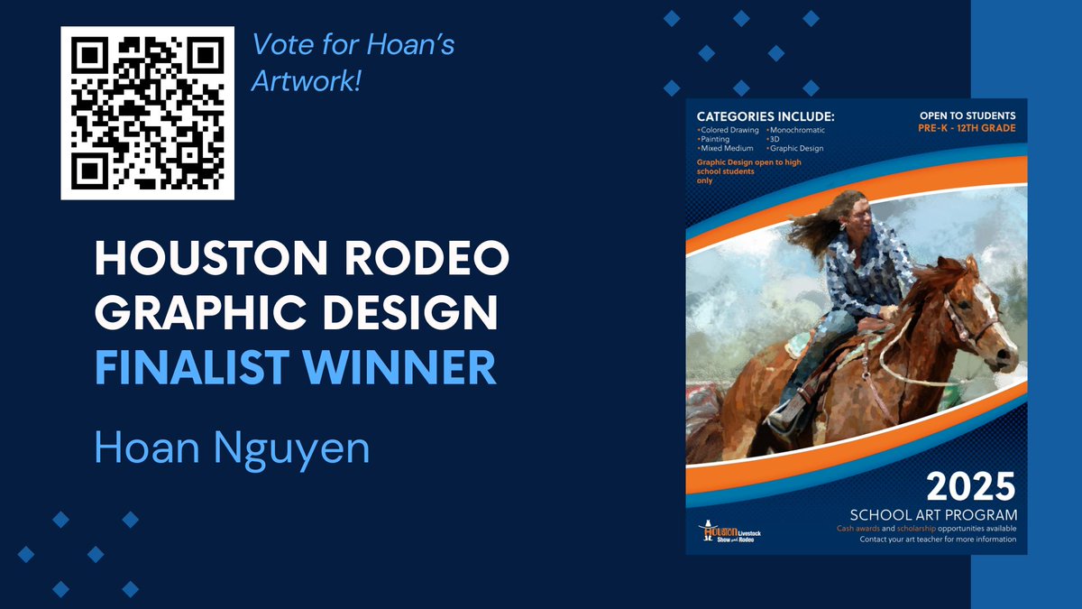 Hoan Nguyen is a finalist for the Houston Livestock Show and Rodeo Graphic Design Art Contest! The winner will receive a scholarship and their art will be used in 2025 by the Rodeo. Vote for his entry once per day per device now through 11:59 PM May 5. @aliefFineArts @AliefISD