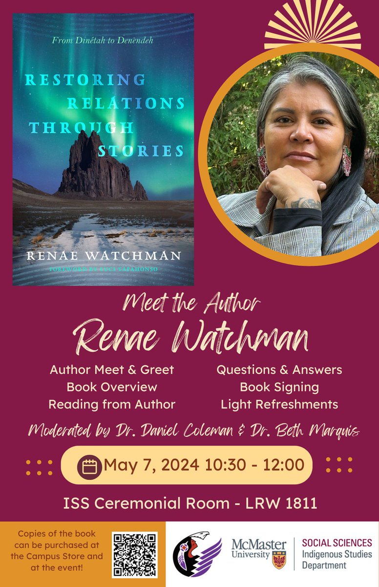 Join us on May 7th as we celebrate the launch of Dr. Renae Watchman’s new book ‘Restoring Relations Through Stories: From Dinétah to Denendeh’ No registration is required and everyone is welcome! If you cannot attend in person, please join us virtually: us02web.zoom.us/webinar/regist…
