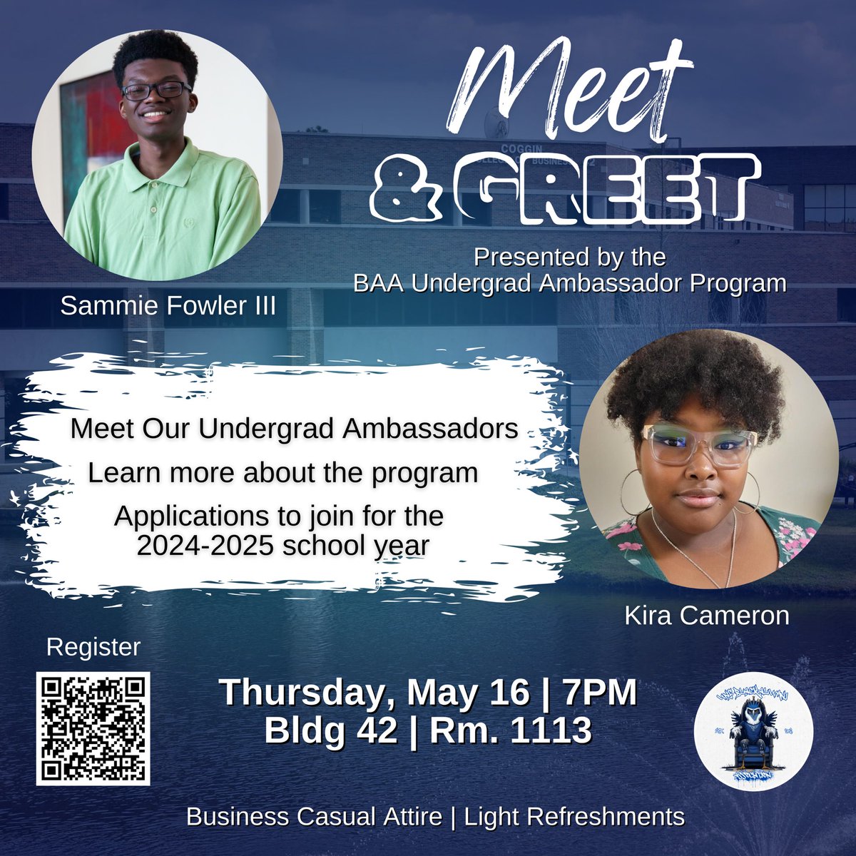 UNFBAA's tweet photo. Meet and greet our current Undergrad Ambassadors, learn more about the program and how you can join for the 2024-2025 upcoming school year. Register to attend: https://t.co/igUpzbKvu2 https://t.co/VhVVN7zEXT