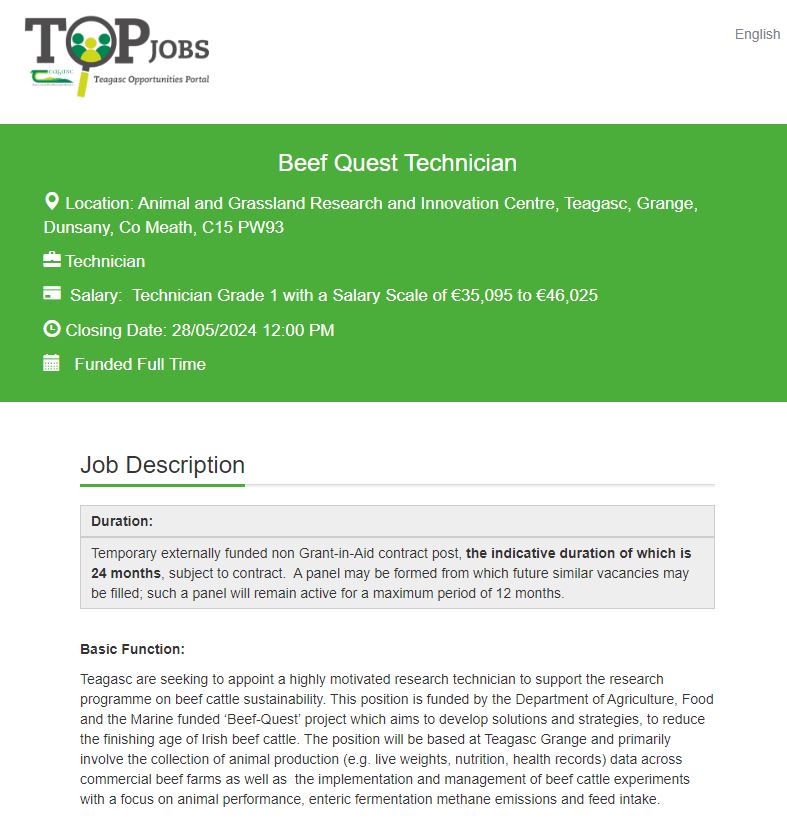 🚨Exciting new research technician role with us in @TeagascBeef working on the @agriculture_ie funded Beef-Quest project now available. Excellent opportunity to work on a key research project for the 🇮🇪 beef industry! Please share 🙏 @teagasc topjobs-teagasc.thehirelab.com/LiveJobs/JobAp…