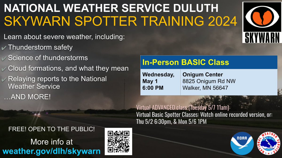 Attention WALKER and CASS COUNTY! Today's the day! Come join us for a basic Skywarn Spotter class at 6PM at the Onigum Center in Onigum. Learn about thunderstorm safety, the science of thunderstorms, relaying reports to the NWS and more! For more info: weather.gov/dlh/skywarn