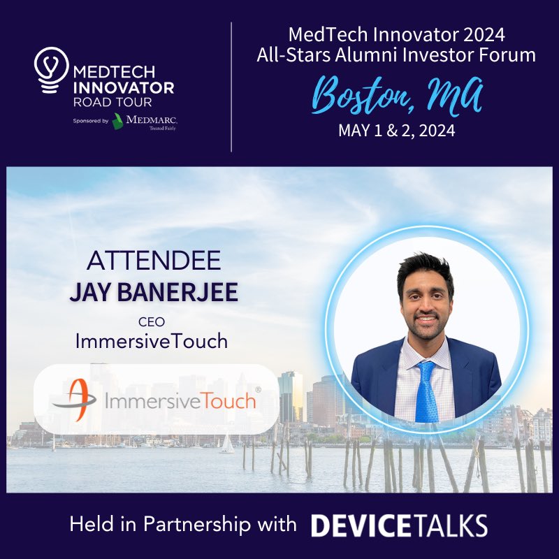 Join CEO @JayDBanerjee at the @MedTechAwards All-Stars Investor Showcase at @DeviceTalks in Boston, May 1st & 2nd, 2024! Featuring ImmersiveTouch and 28 groundbreaking companies from MTI's 2018-2023 cohorts. Don't miss out! #MedTech #Innovation #DeviceTalksBoston