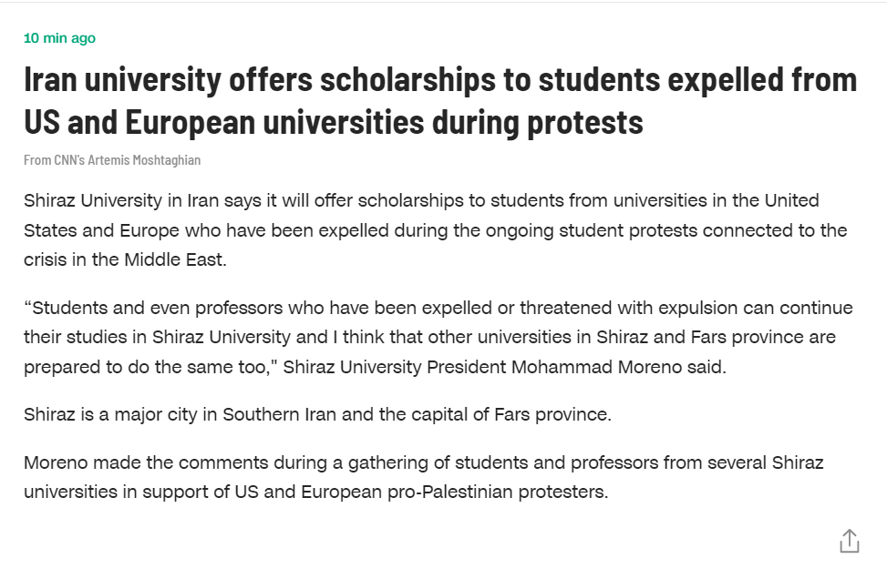 A university in Iran is offering scholarships to the pro-terror tykes expelled from US and European universities. I presume it includes one-way airfare.