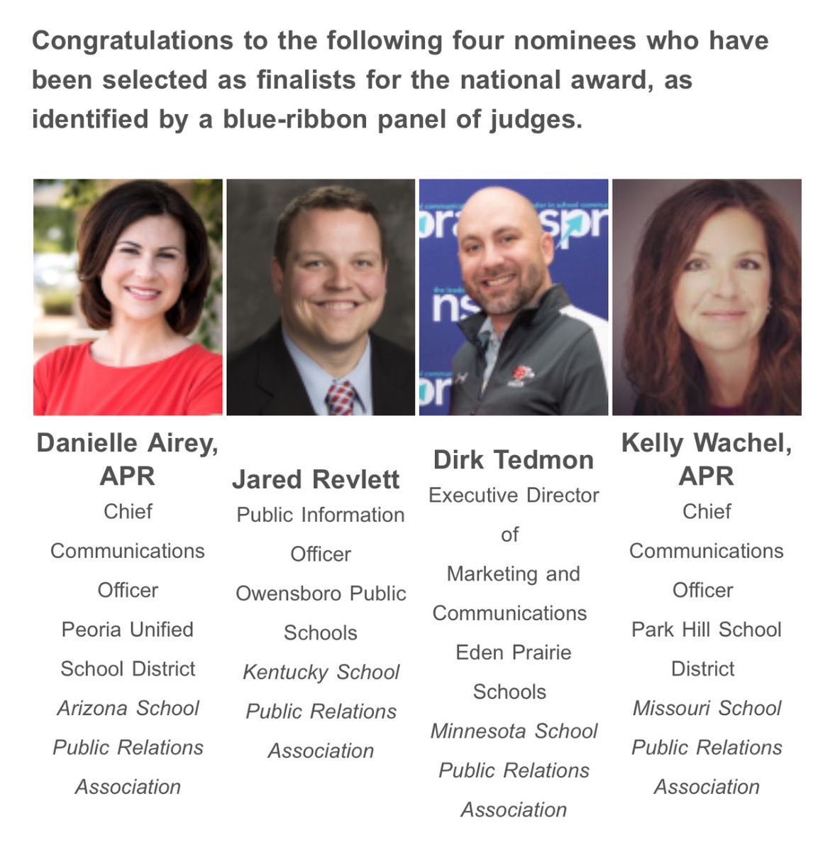 Congratulations to the four finalists for @NSPRA’s National School Communicator of the Year- especially my friend and @KySchoolPR colleague, Jared Revlett!

@ops_pio