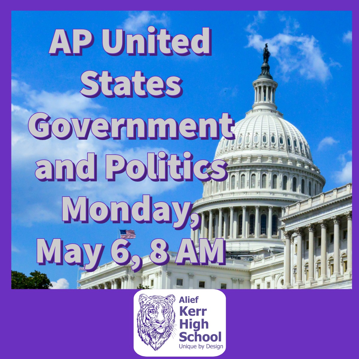 Students will be taking the AP United States Government and Politics exam on Monday, May 6, starting at 8 AM. #makeafive