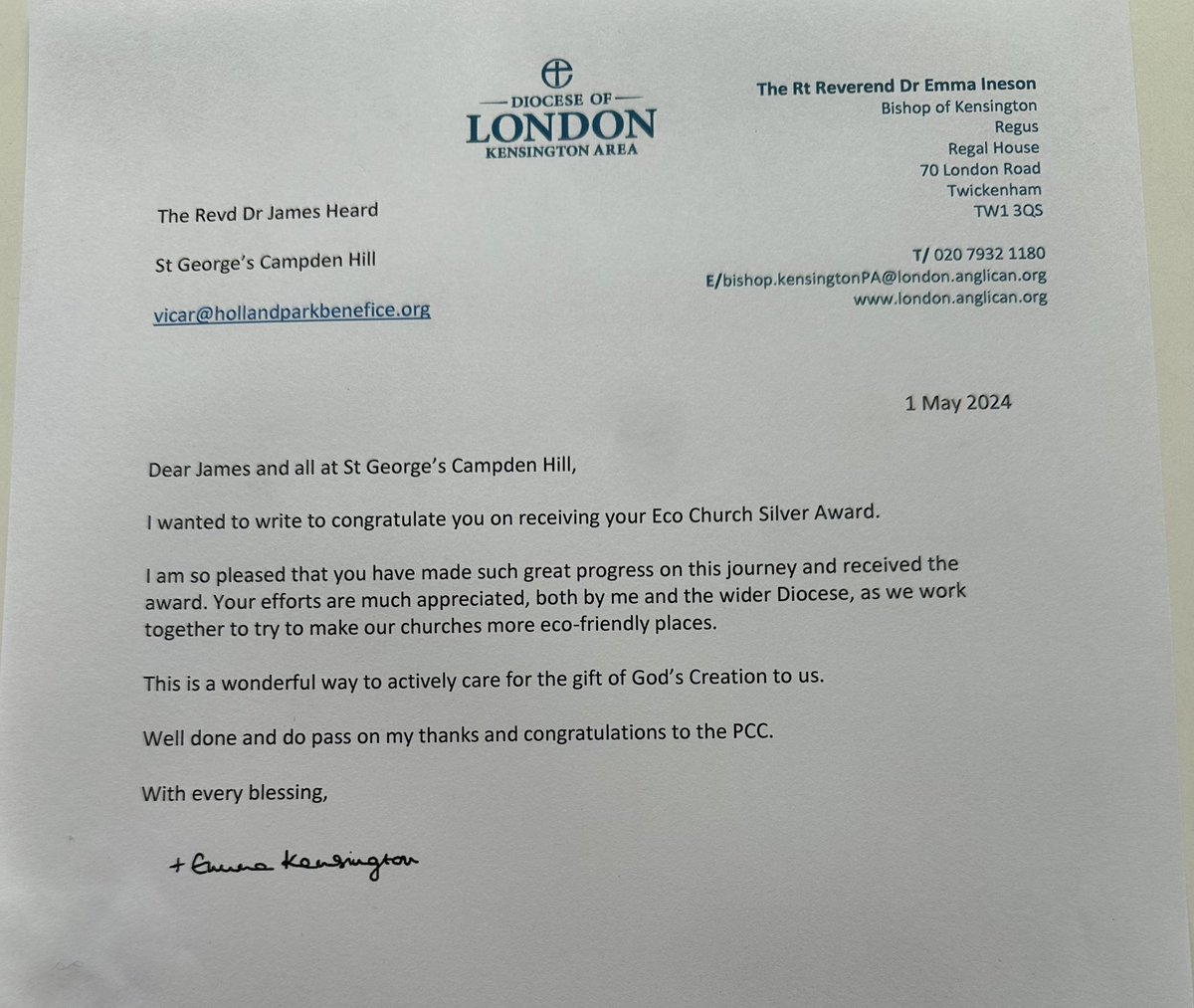 Excellent that @StGeorgesW8 has earned @ARochaUK Eco Church Silver Award and lovely letter from Bishop of Kensington @e_ineson @RevJamesBHeard