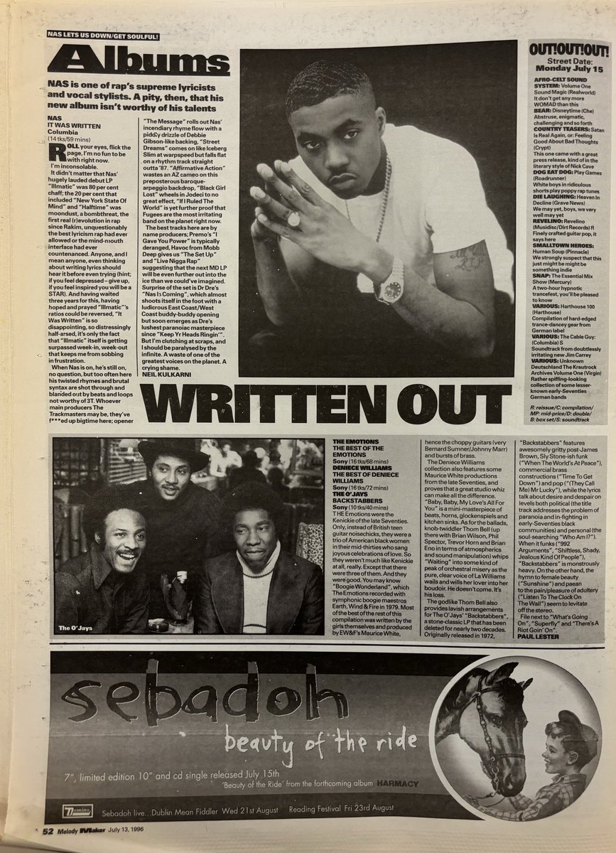 Albums! Nas! The Emotions! Deniece Williams! The O Jays! Melody Maker, 13 July 1996. #MelodyMaker #MyLifeInTheUKMusicPress #1996