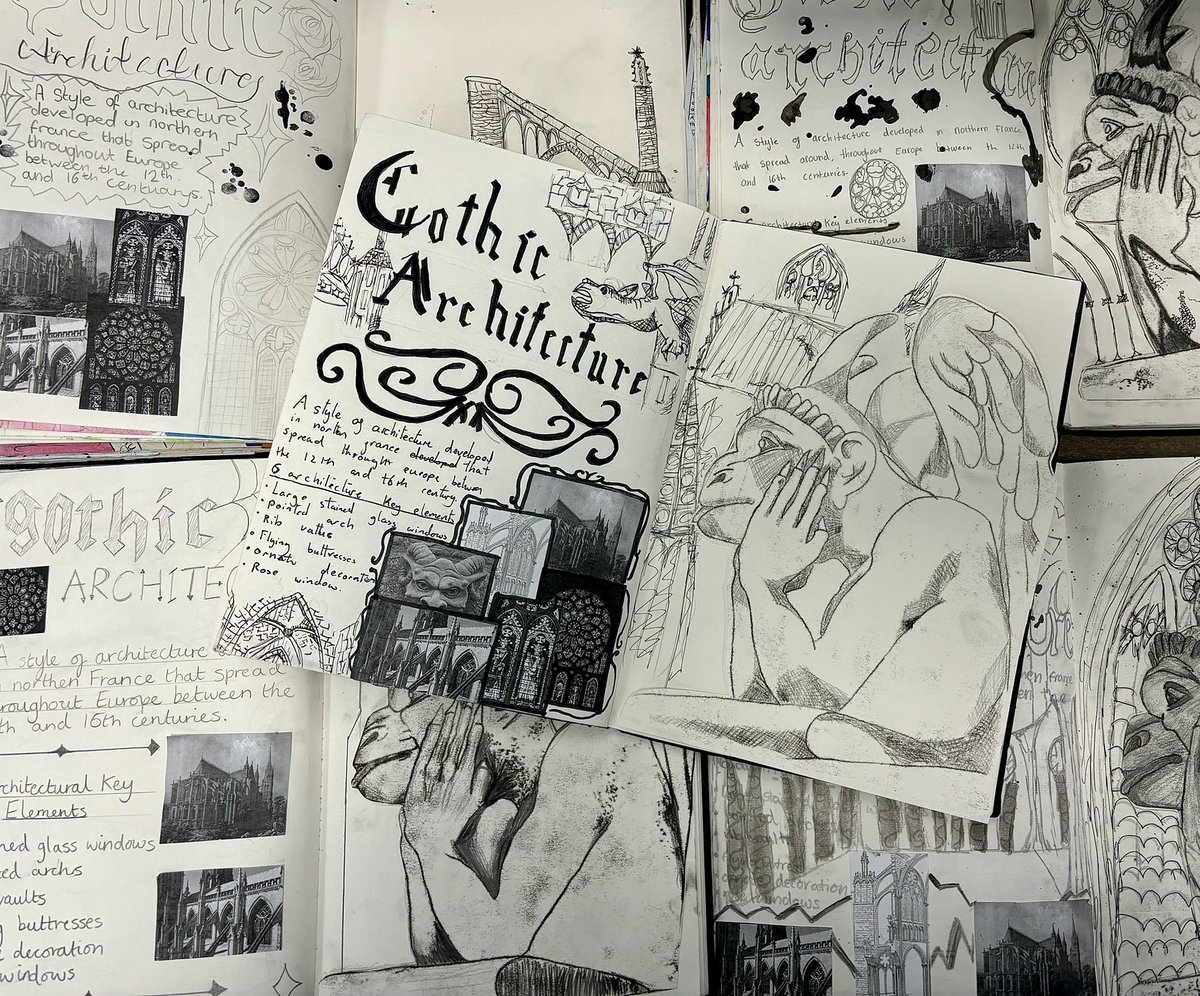 A small selection of some of the Gothic Architecture sketchbook pages from Mrs Rudd’s Year 7 classes-complete with mono printed gargoyles!