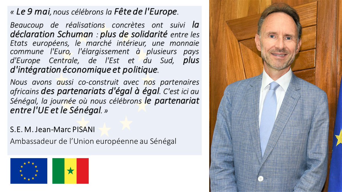 Bientôt le 09 mai, la Journée de l’Europe❗️ Le Projet européen a 74 ans 🎂🎉 Au Sénégal, c’est l’occasion pour les Ambassadeurs de la #TeamEurope de célébrer le partenariat 🇪🇺🤝🇸🇳 #NioFar #EuropeDay #9mai #fêtedeleurope @PR_Senegal @MiaaeSenegal @IrlEmbDakar @AmbabelDakar
