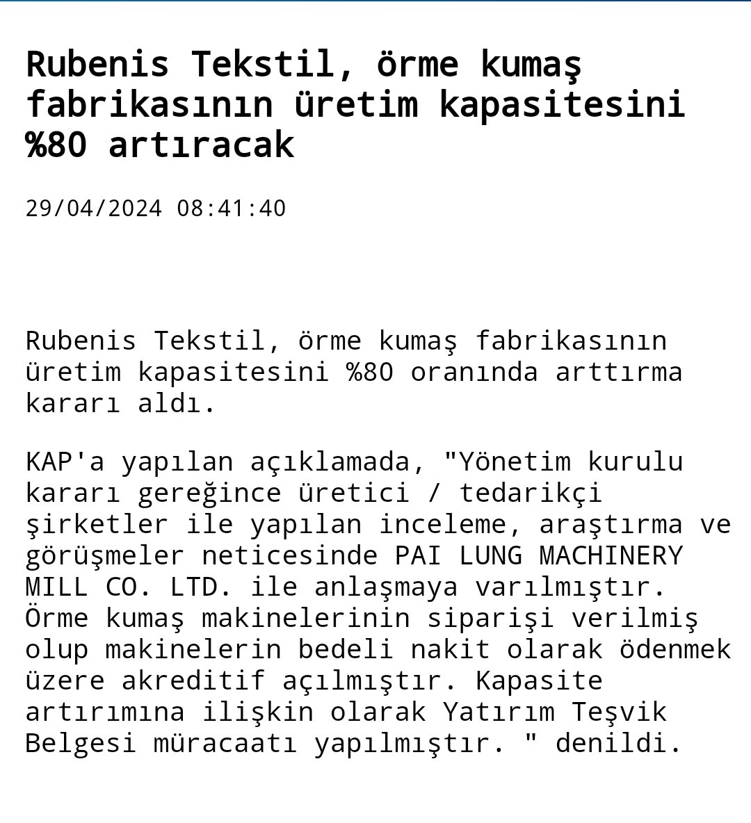 #rubns Geliri geçen yıl düşen firma üretim kapasitesini %80 büyütecek. Ayrıca teşvik alacak