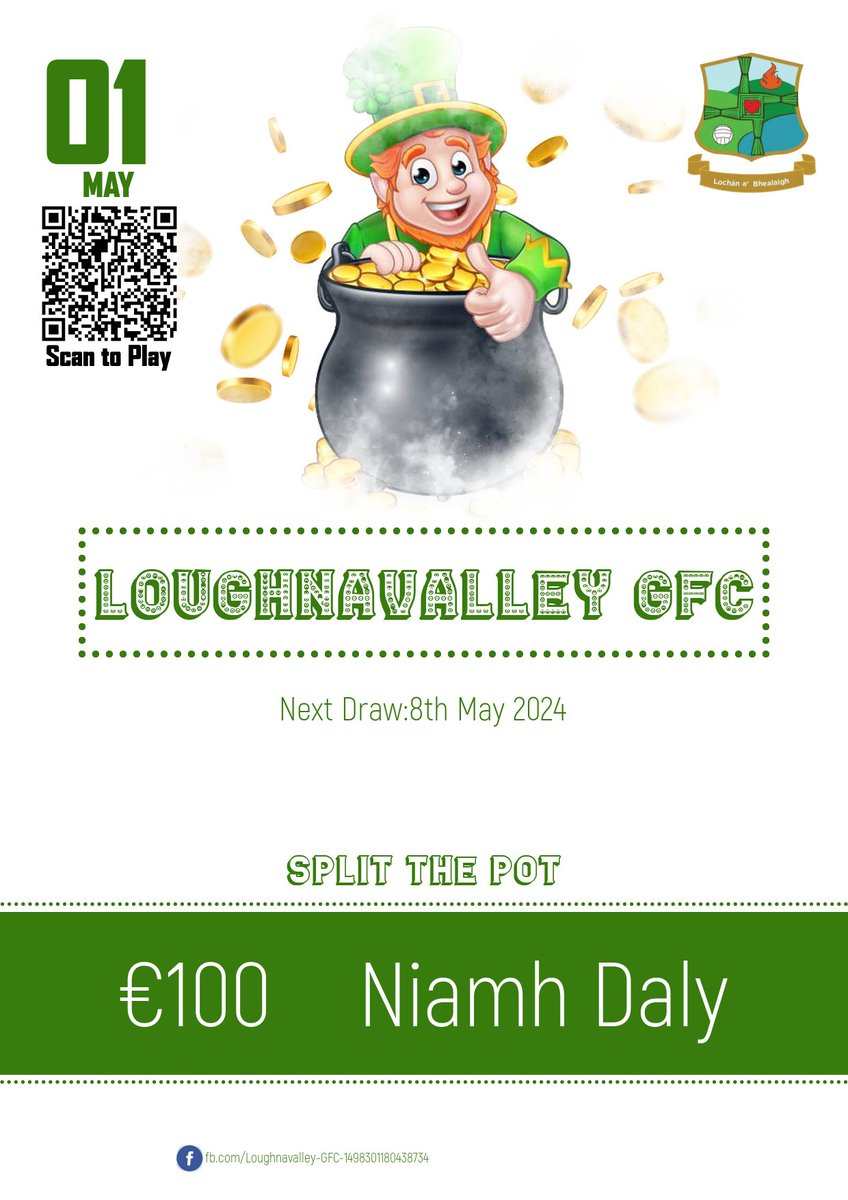 Loughnavalley GAA
Play Online: lottoraiser.ie/Loughnavalley/
Lotto Results 1st May
Split the Pot Prizewinner
€100 Niamh Daly
Next Draw 8th May 2024
#Loughnavalley_Results