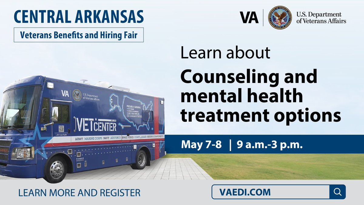 Veterans and Transitioning Service Members, spouses and family members: Join us May 7-8 from 9-3 p.m. CT, to access your benefits at the no-cost Central Arkansas Veterans Benefits and Hiring Fair at First Pentecostal Church in LittleRock. Learn more: vaedi.com.