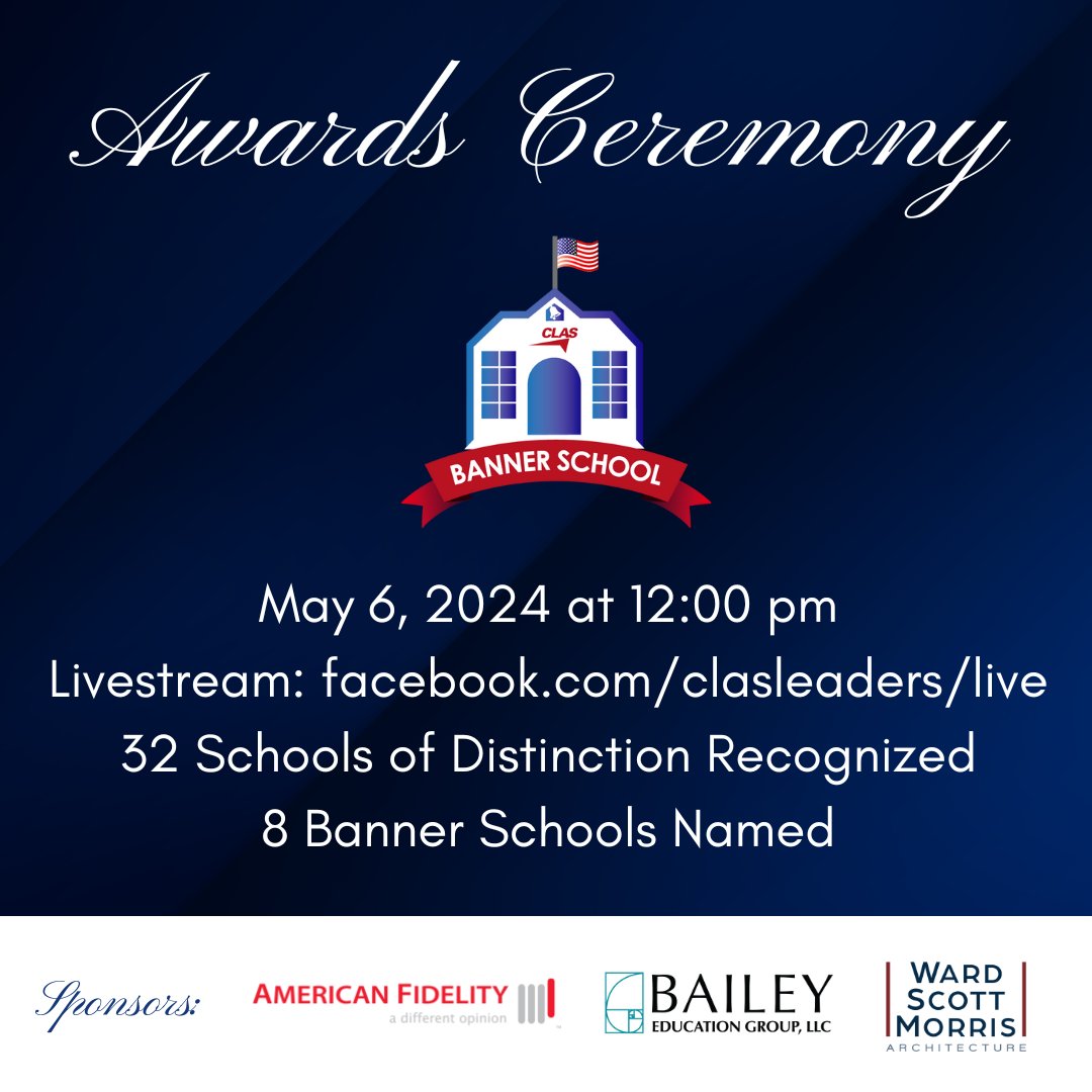 CLAS (@clasleaders) on Twitter photo 🌟 Celebrating Alabama's finest school programs at the #CLASBannerSchool Awards Program! 🎓🏆 Tune in on May 6 at 12 PM as we honor 32 Schools of Distinction and name 8 Banner Schools. Livestream: facebook.com/clasleaders/li… <a href="/amfidelity/">American Fidelity</a> <a href="/BaileyEducation/">Bailey Education Group</a> <a href="/WardScottArch/">Ward Scott Architecture</a> <a href="/Othell/">Vic Wilson</a> 🌟 Celebrating Alabama's finest school programs at the #CLASBannerSchool Awards Program! 🎓🏆 Tune in on May 6 at 12 PM as we honor 32 Schools of Distinction and name 8 Banner Schools. Livestream: facebook.com/clasleaders/li… <a href="/amfidelity/">American Fidelity</a> <a href="/BaileyEducation/">Bailey Education Group</a> <a href="/WardScottArch/">Ward Scott Architecture</a> <a href="/Othell/">Vic Wilson</a>