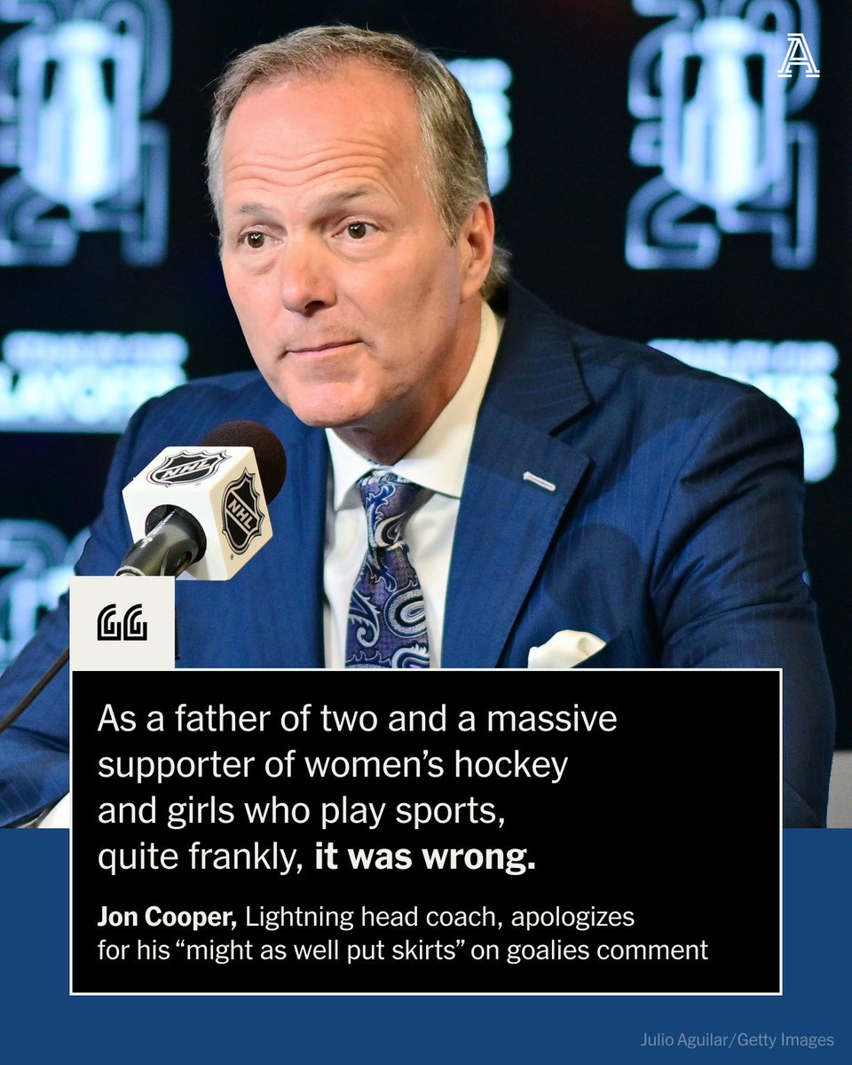 Jon Cooper has apologized for his “might as well put skirts” on goalies comment he made following the Lightning's elimination Monday. 'It has pained me more than the actual series loss itself,' Cooper said. 🔗 theathletic.com/5464848/2024/0…