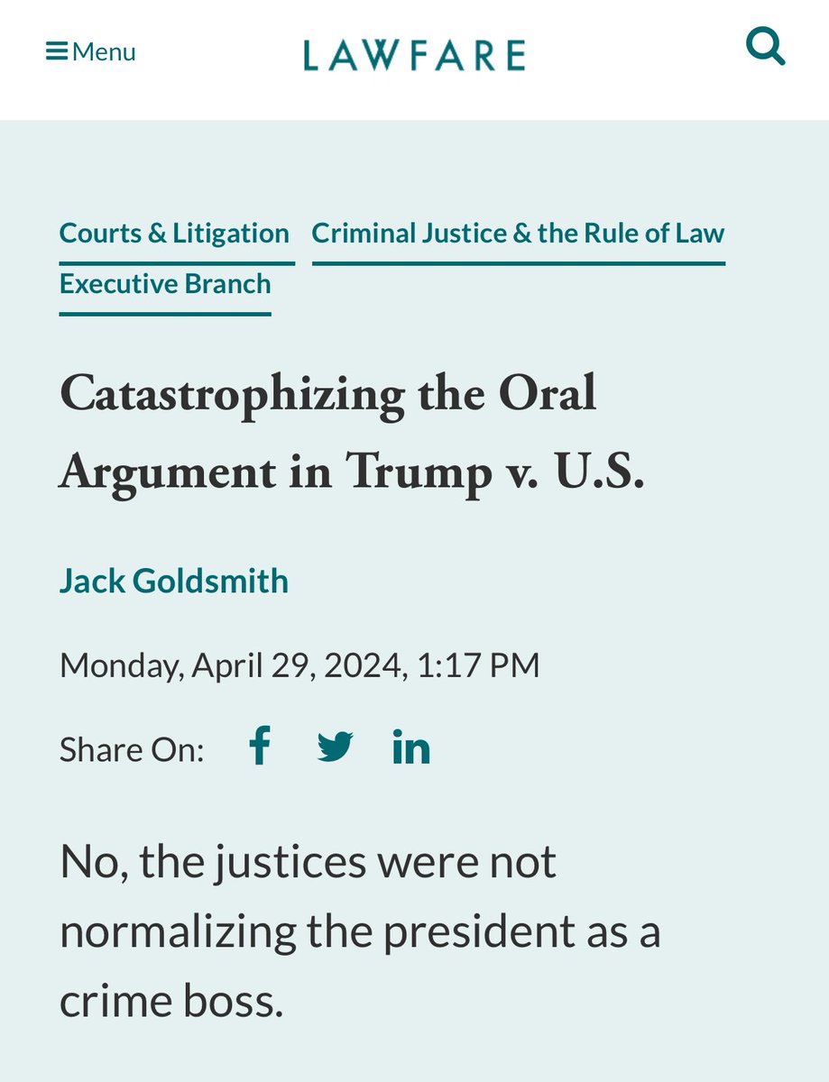“Trump v. United States is the first time the Court has ever faced the question of how criminal law applies to the president. It was thus entirely legitimate for the Court to ask, even on the extreme facts of the Trump case, how the answer to that novel question will impact, and…