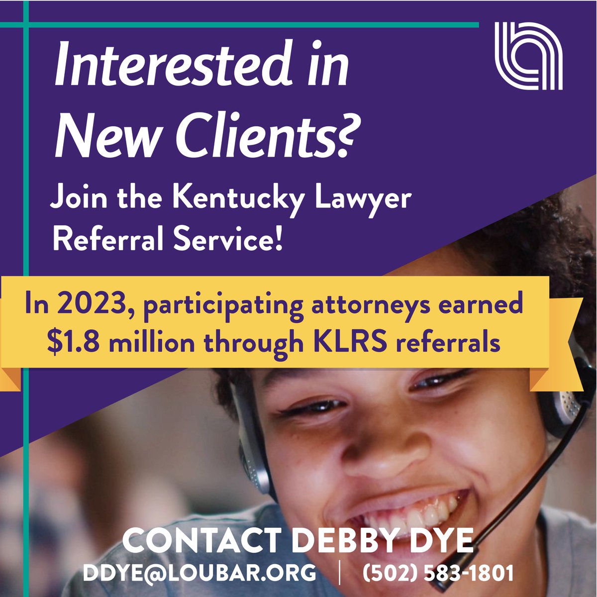 Louisville Bar Assoc (@loubarassoc) on Twitter photo KLRS offers attorneys an ideal way to generate new business through telephone and online referrals. The service refers clients with specific legal problems to attorneys who are qualified to handle that client’s case.
Get started by contacting ddye@loubar.org or 502-583-1801 KLRS offers attorneys an ideal way to generate new business through telephone and online referrals. The service refers clients with specific legal problems to attorneys who are qualified to handle that client’s case.
Get started by contacting ddye@loubar.org or 502-583-1801