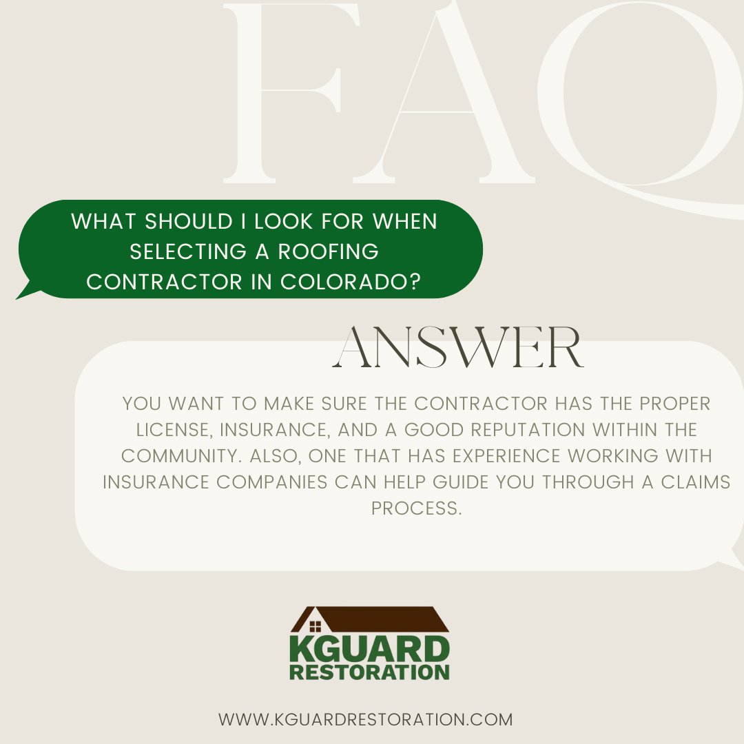 You want to make sure the contractor has the proper license, insurance, and a good reputation within the community.

#faq #frequentlyaskedquestions #roofer #coloradoroof #kgaurdroof
