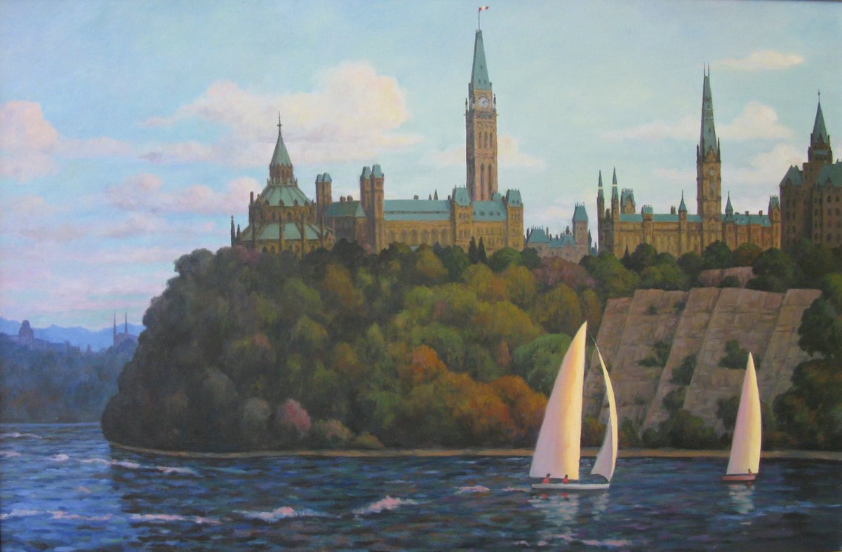 In this painting by artist Yunchang Yu, sails catch the wind on the Ottawa River as boats make their way around Parliament Hill. See more artworks in the #HoC collection: ow.ly/pj8v50Rlkbs