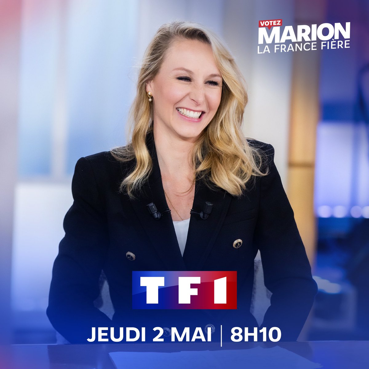 🔵⚪️🔴 À vos postes !

#MarionMaréchal nous donne RDV ce jeudi 2 mai à 8h10 sur TF1.

Notre VP exécutive et tête de liste aux #Européennes2024 est L’Invitée de l’interview politique #EnTouteFranchise.

#BonjourLaMatinaleTF1
#Zemmour #Reconquête💤🌿
#VotezMarion #LaFranceFière🚀🇫🇷
