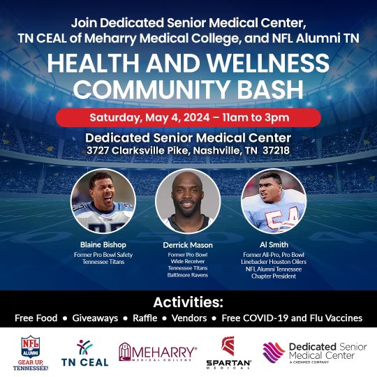 LOCATION CHANGE….Join us this Saturday, May 4th, from 11am to 3pm for the Health and Wellness Community Bash! We’re teaming up with #DedicatedSeniorMedicalCenter #SpartanMedical @TNCeal & @MeharryMedicalCollege to bring FREE food & FREE health resources to you! #GearUpTN