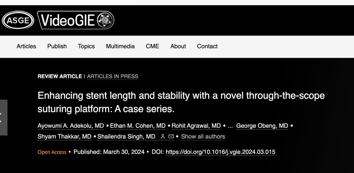 Check out our latest review article with video case series published in @ASGEendoscopy @videogie videogie.org/article/S2468-… Congrats to our team @AyoAdekolu @EthanCohenMed @RohitAgrawalMD @wvudeptofmed @WVUMedicine @WVUhealth @ShyamTMD