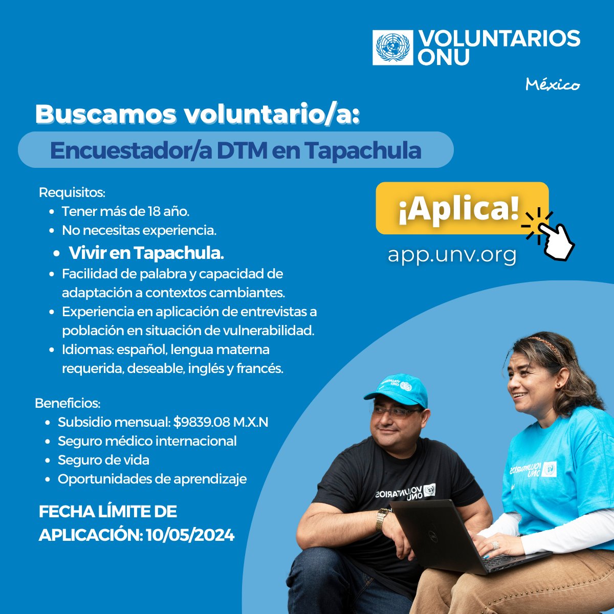 En #Tapachula, oportunidad de voluntariado con #OIM a través de @UNV_Mexico. No dejes pasar la oportunidad y aplica como Encuestador(a) DTM, convocatoria abierta hasta el 10 de mayo de 2024. Más información: bit.ly/3Jz4Z70