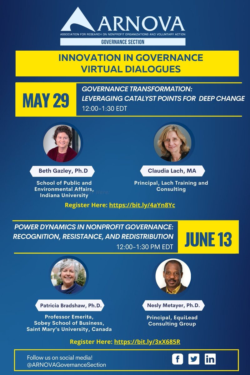 ARNOVA Governance Section (@arnovagov) on Twitter photo π’ <a href="/ARNOVA/">ARNOVA</a> folks, join us for our upcoming virtual dialogues. Register today!
May 29: bit.ly/4aYn8Yc
June 13: bit.ly/3xX685R
<a href="/CriticalARNOVA/">ARNOVA Critical Perspectives Section</a> <a href="/ARNOVA_ESS/">ARNOVA Early Scholars</a> <a href="/TIBS_ARNOVA/">This profile has been discontinued</a> <a href="/MessageStrategy/">ARNOVA Message Strategy Common Interest Group</a> π’ <a href="/ARNOVA/">ARNOVA</a> folks, join us for our upcoming virtual dialogues. Register today!
May 29: bit.ly/4aYn8Yc
June 13: bit.ly/3xX685R
<a href="/CriticalARNOVA/">ARNOVA Critical Perspectives Section</a> <a href="/ARNOVA_ESS/">ARNOVA Early Scholars</a> <a href="/TIBS_ARNOVA/">This profile has been discontinued</a> <a href="/MessageStrategy/">ARNOVA Message Strategy Common Interest Group</a>