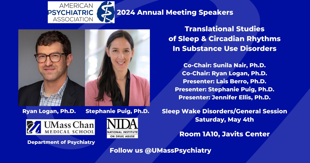 UMassPsychiatry's tweet image. This weekend Ryan Logan, Ph.D., and Stephanie Puig, Ph.D., will be presenting their new research on sleep disorders and opioid use at @APApsychiatric&apos;s annual meeting.  Their talk is sponsored by @NIDA. 
  #opioidusedisorder #psychiatry #research @UMassPsychiatry @UMassChan