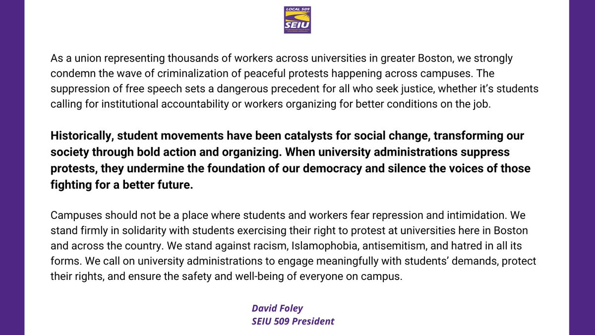 Statement from SEIU 509 President David Foley: 'When university administrations suppress protests, they undermine the foundation of our democracy and silence the voices of those fighting for a better future.'