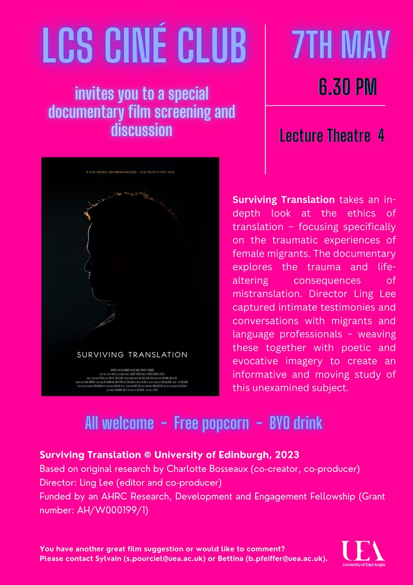 🎥🍿Join us for our LCS Ciné Club screening of Surviving Translation (2023), a compelling documentary based on original research by @Ch_Bosseaux which focuses on the ethics of translation and the experiences of women migrants. All welcome. Free entry & popcorn! 7th May 6.30pm LT4