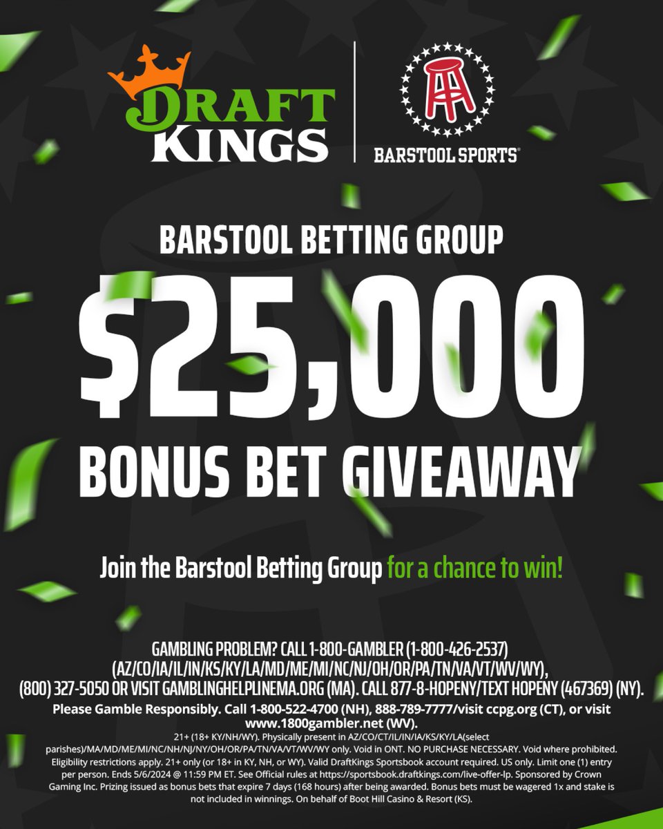 🚨BARSTOOL BETTING GROUP $25K SWEEPSTAKES🚨

- Join the Barstool betting group on @DKSportsbook 

- One random person will be selected to win a $25k bonus bet  #DKpartner