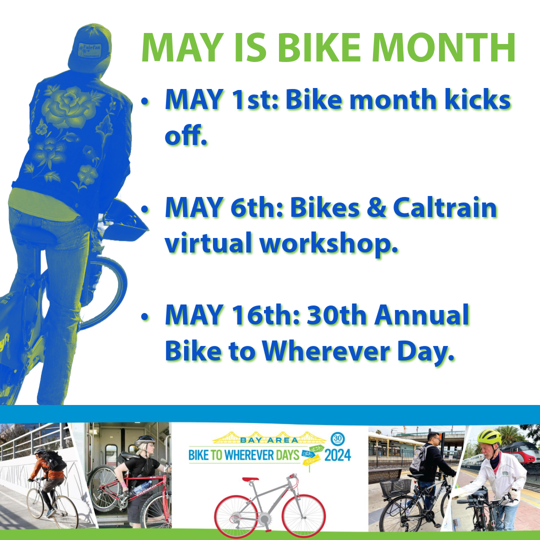 Bike Month is here! Join us in celebrating bikes all month long!🚵‍♀️ May 6th virtual bike workshop, all information can be found: caltrain.com/we-go-together…. May 16th we will be sponsoring two energizer stations: caltrain.com/bike-to-wherev…. Regional events: bayareabiketowork.com/event-informat….