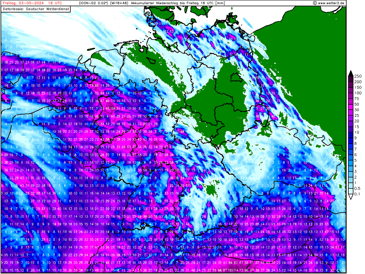 #Unwetter #Starkregen
ICON-D2 18z rechnet in den Schauern/#Gewittern am Donnerstag/Nacht zu Freitag von Hessen/Nord-Rheinland-Pfalz bis in den Südwesten von NRW hohe Regenmengen von 35-100 L, am Niederrhein sogar bis 120 L Regen!
Andere Modelle sehen meist 15-45 L Regen!
⚠️⛈️🌧️