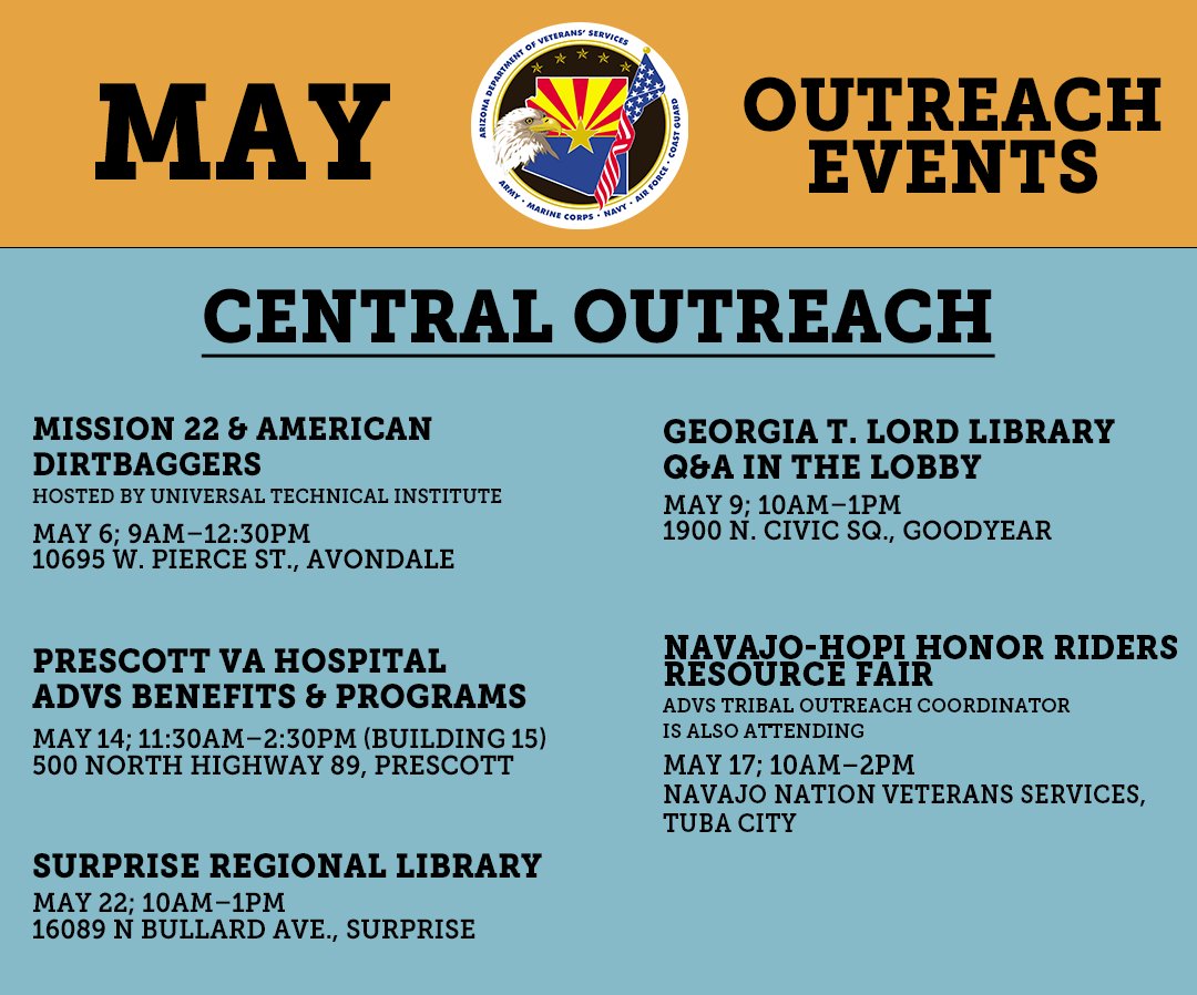 Connect with @AZVETS this month! Check out where our Central Outreach Coordinator will be during May. #AZVets #Veterans