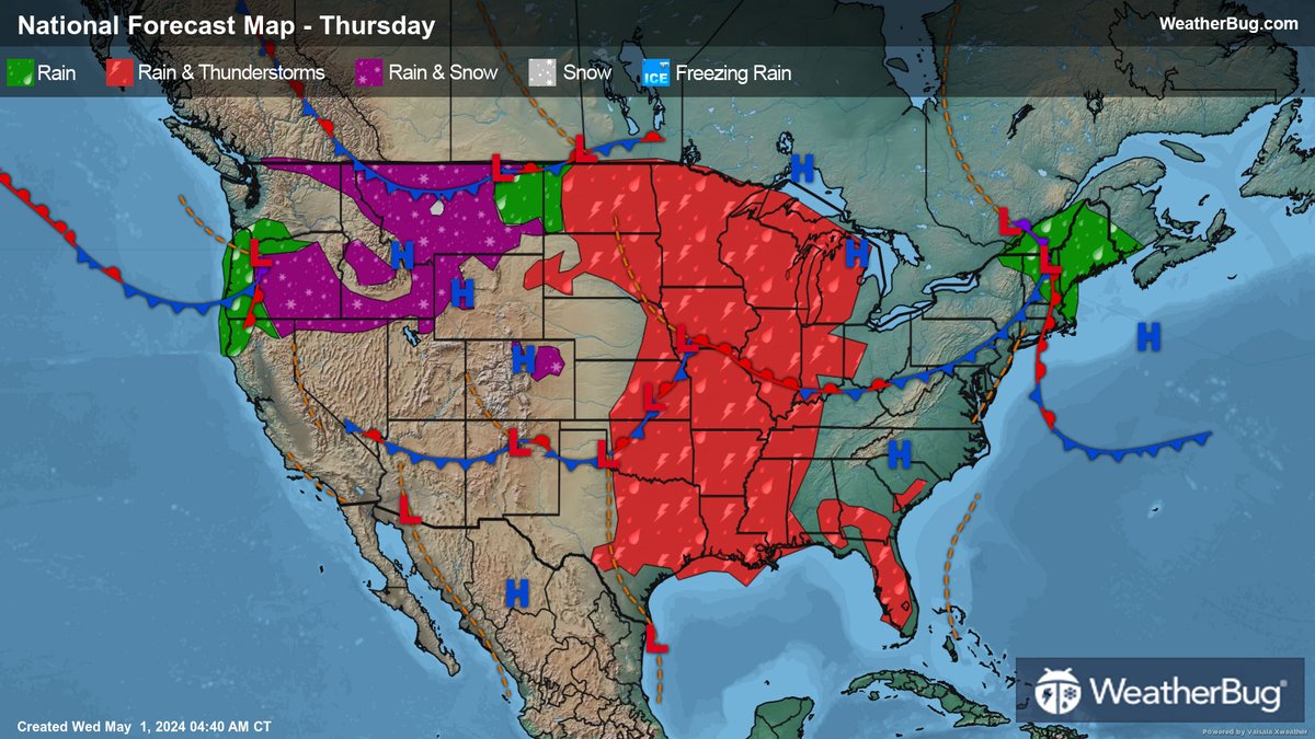Thursday's weather will feature a storm system over the Central U.S. that will produce more severe #thunderstorms. Cold, #snowy weather is on tap for the northern Rockies, while much of the East gets an early taste of summer-like #heat. bit.ly/3pBGIXy