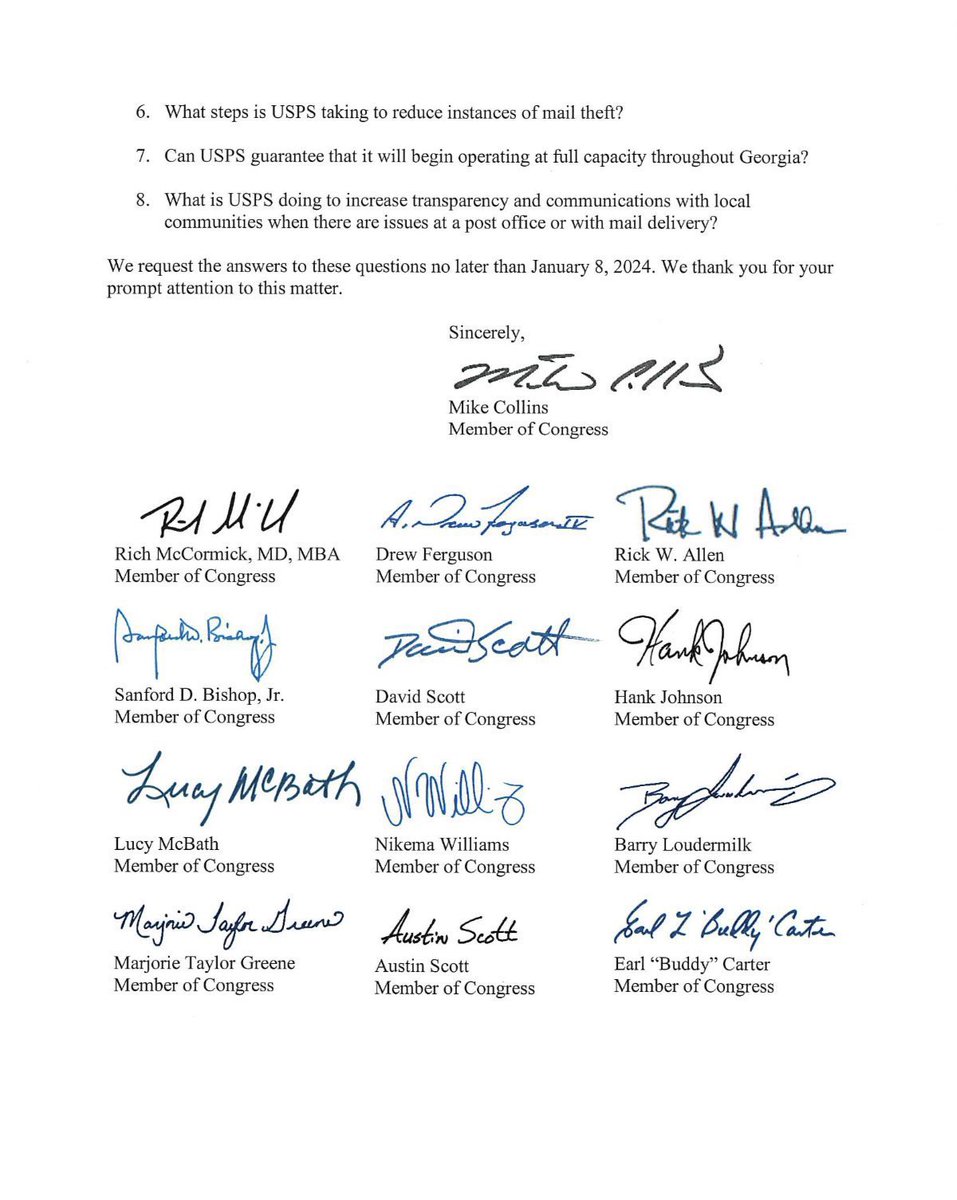 🧵(1/4) USPS UPDATE: For several months, Georgians have been dealing with the fallout of lost and delayed mail. That’s why in December, I led a letter with the support of 13 of my Georgia colleagues to the @USPS requesting answers and solutions for the mass mail disruptions.