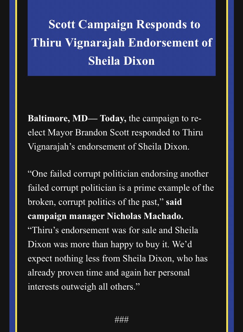 From the Scott campaign: “Thiru’s endorsement was for sale and Sheila Dixon was more than happy to buy it. We’d expect nothing less from Sheila Dixon, who has already proven time and again her personal interests outweigh all others.” @wjz