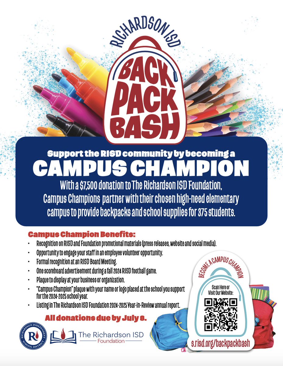 Help us make a difference in the lives of children in our community! Many students lack the basic supplies they need to succeed in school, but together, we can change that! We have raised 20% of our goal. Consider becoming a Campus Champion or Donor today! web.risd.org/backpackbash/