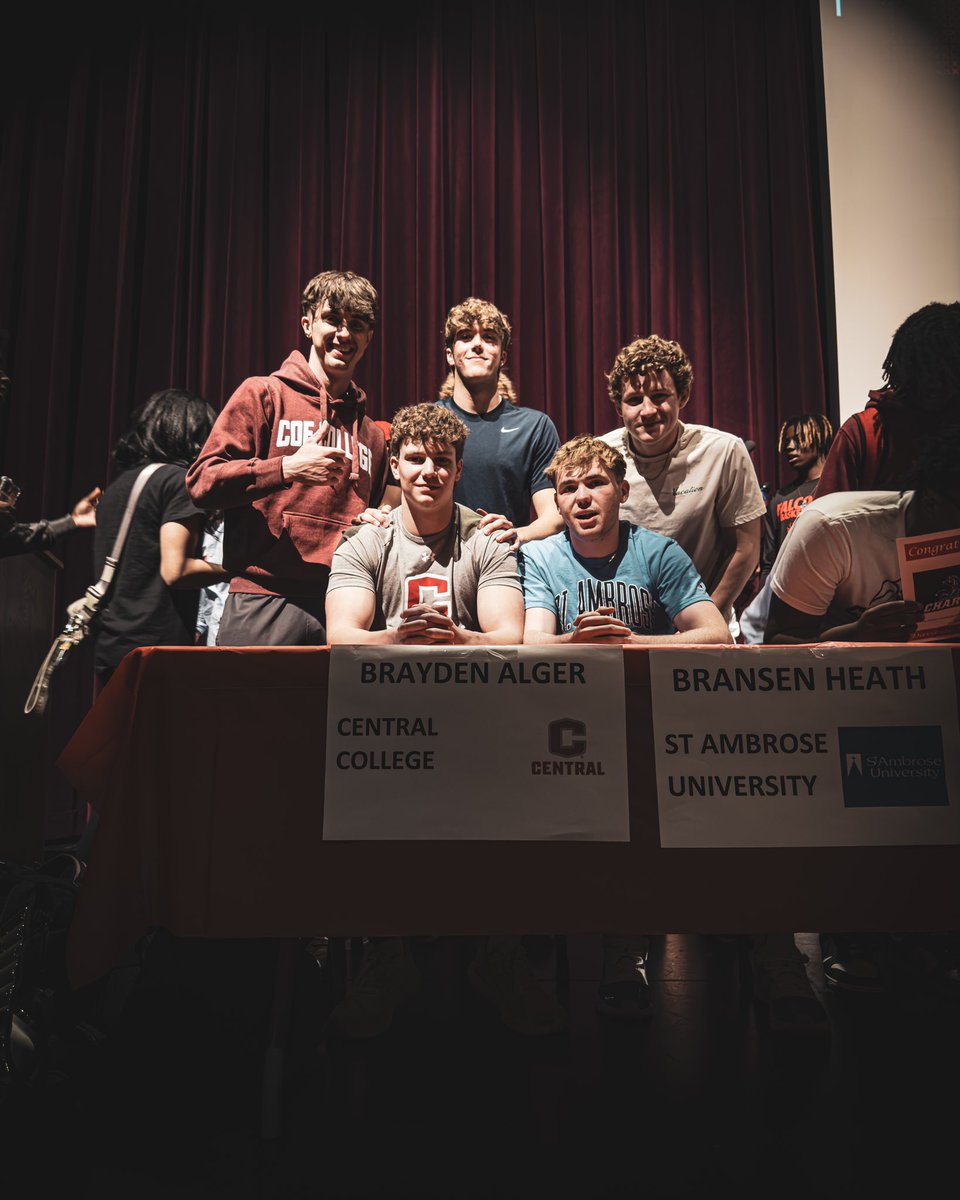 Congratulations to <a href="/AlgerBrayden/">Brayden Alger</a> for signing with @CUI_Football and <a href="/BransenHeath/">Bransen heath</a> for signing with <a href="/FightingBeesFB/">St. Ambrose Football</a>  today, great examples of hard work and leadership who will be missed here in the west end. Go be great!